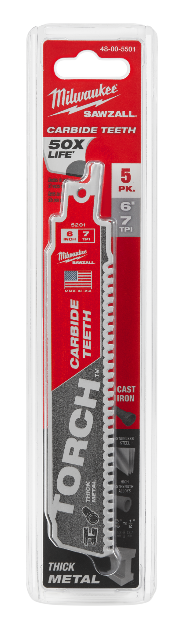 MILWAUKEE® HEAVY-DUTY TORCH™ SÄBELSÄGEBLÄTTER MIT HM-BESTÜCKUNG 5er PACK 150 x 7 mm