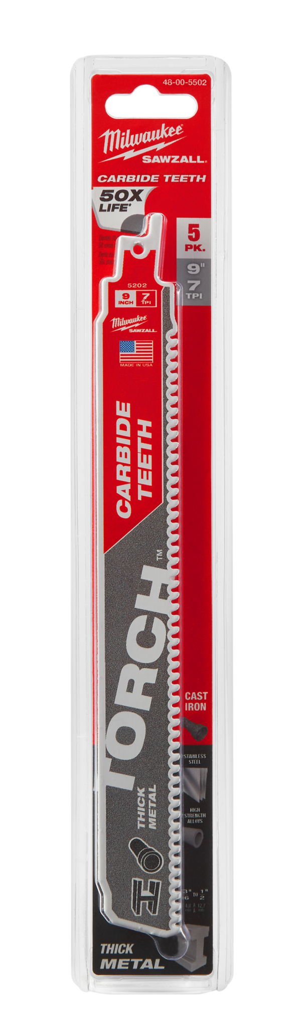 MILWAUKEE® HEAVY-DUTY TORCH™ SÄBELSÄGEBLÄTTER MIT HM-BESTÜCKUNG 5er Pack 230 x 7 mm